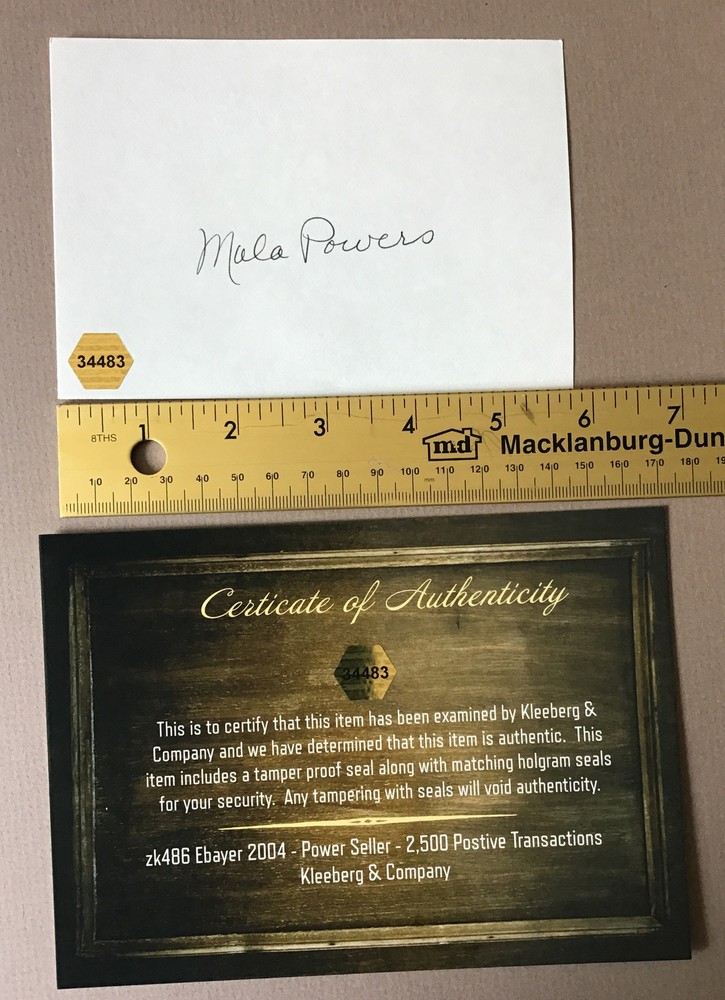 MALA POWERS Index Card AUTOGRAPH. COA. Actress