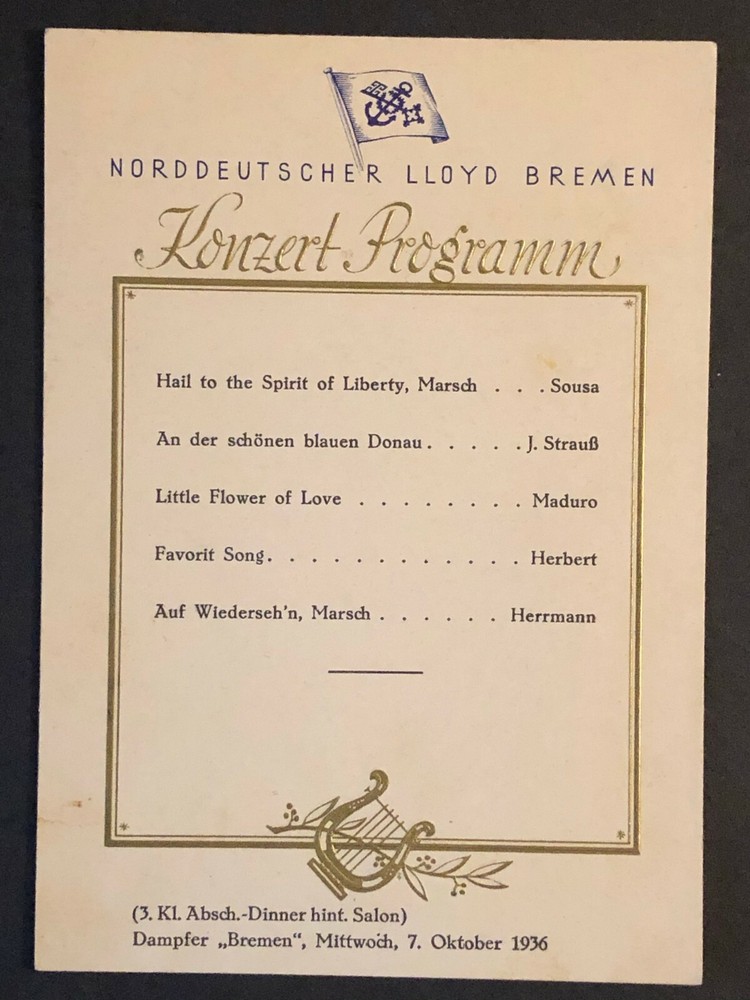 Vintage 1936 Norddeutscher Lloyd Bremen "Konzert Programm"
