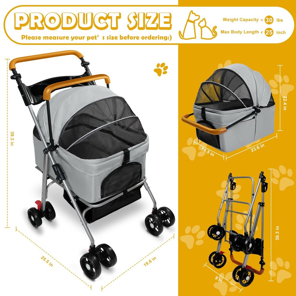 Pet Stroller with Storage Basket and Cup Holder, Folding Dog Jogger, Foldable...