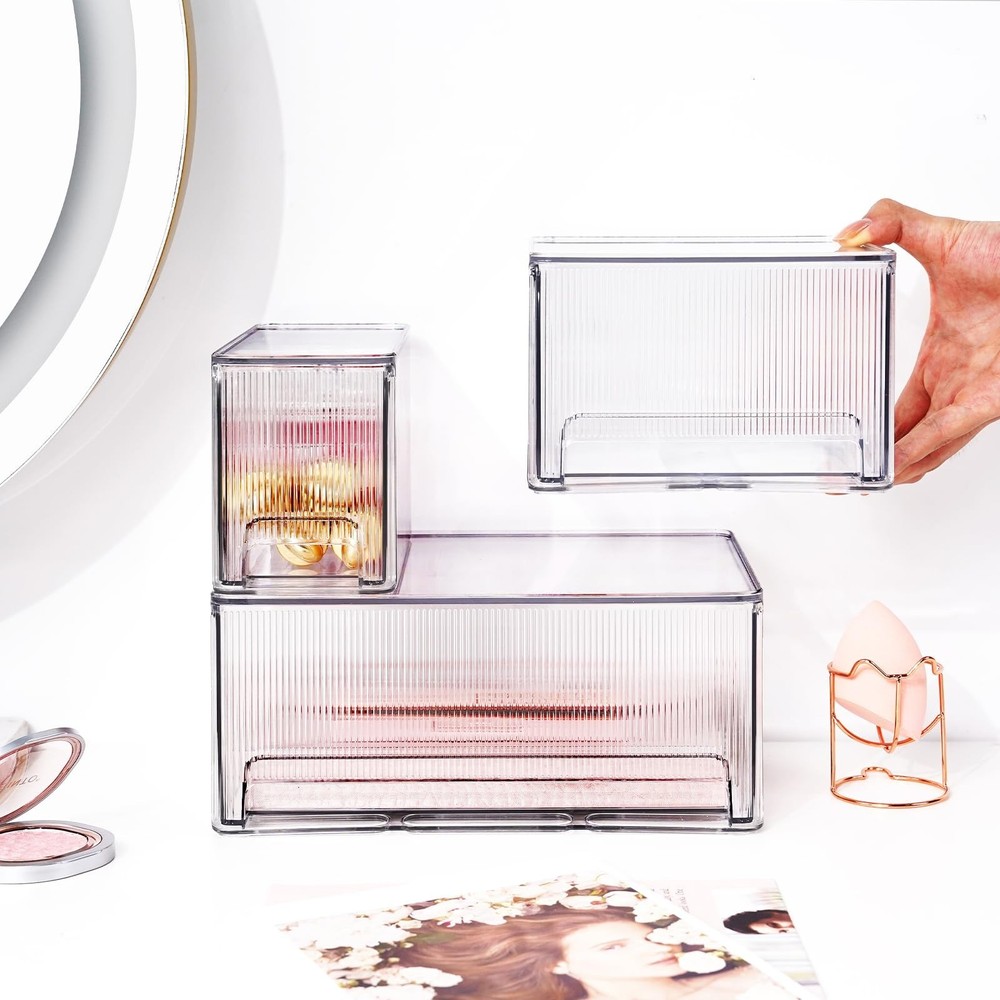 Clear Stackable Makeup Organizer, 3 Pack Plastic Drawer Storage with Handle f...