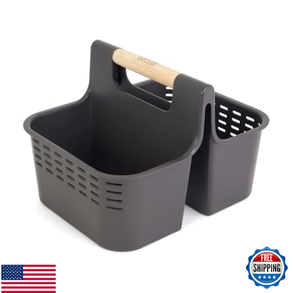 Copco Bath and Cleaning Caddy with Wood Handle, Gray