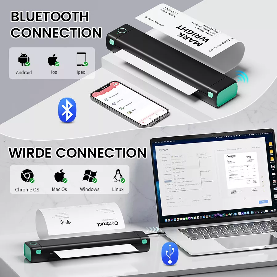 M08F Portable Bluetooth A4 Printer Inkless Thermal Printer for Android iOS PC