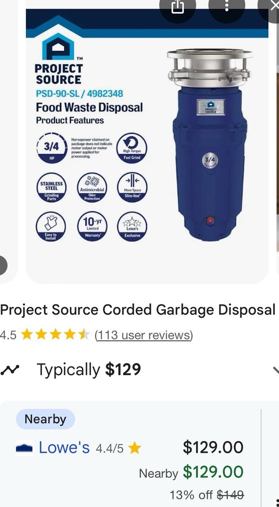 PROJECT SOURCE 3/4 HP SLIM LINE FOOD WASTE DISPOSAL 4982348 (brand New)