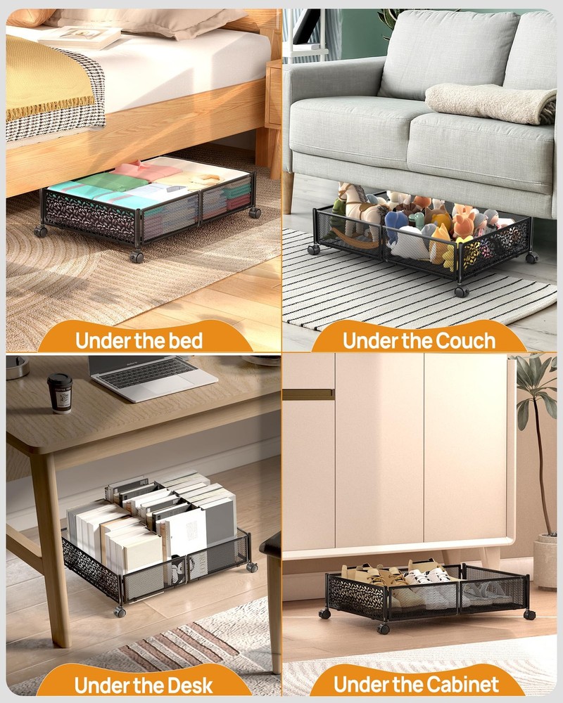 Under Bed Storage with Wheels, Foldable Pattern Carved Metal Under Bed Storag...