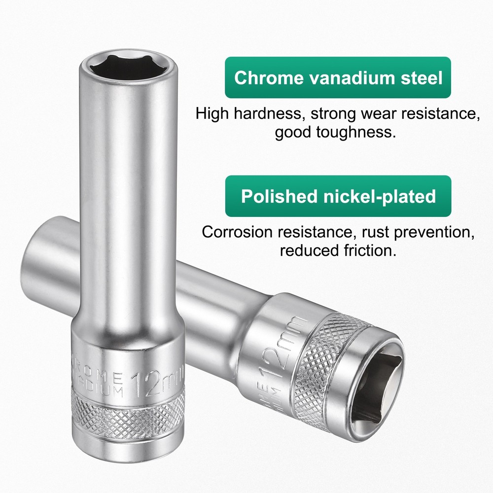 2pcs 6 Points Deep Socket 1/2" Drive 12mm Nickel Plating Hex Socket 3.1" Long