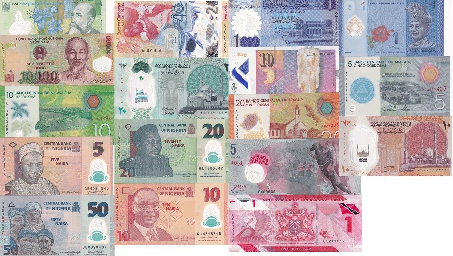 World Polymer Banknotes Set 17 UNC Different Notes 11 Countries Mixed Year-2024
