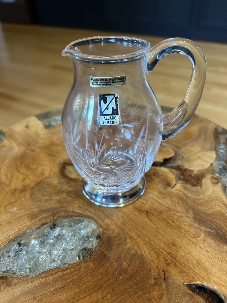 Small Hand-Cut Crystal Glass Pitcher with Silver-Plated Base