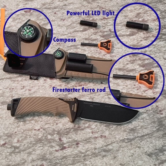 Tactical Fixed Blade Survival Knife with firestarter, LED light, compass, MORE!