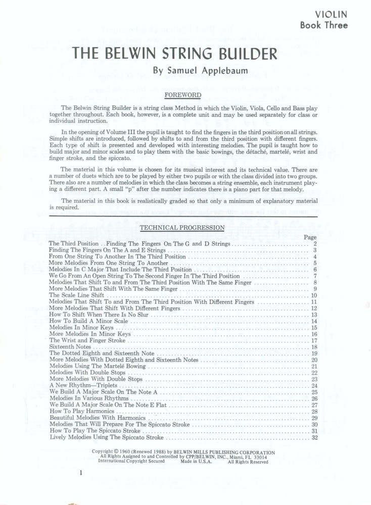 Vintage Belwin Applebaum String Builder Violin Book 3 Third Position Double Stop