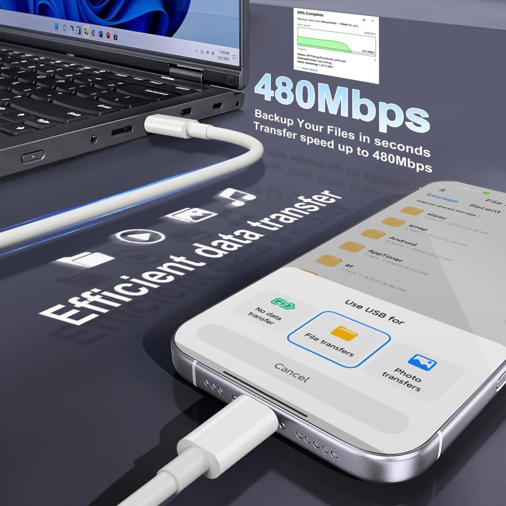 Laptop USB C to C Cable 100W PD Fast Charging Cable, 2 Pack 6FT, white