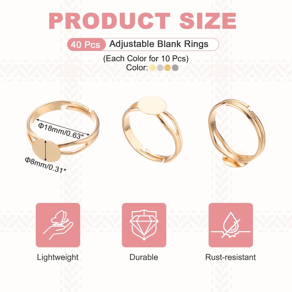 40 Pack 8mm Adjustable Blank Rings, Silver, Gold, White, Light Gold