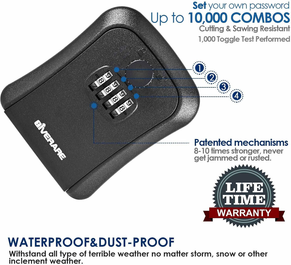 Key Lock Box, Wall Mount 4 Digits Combination Lockbox Outside, Waterproof Outdoo