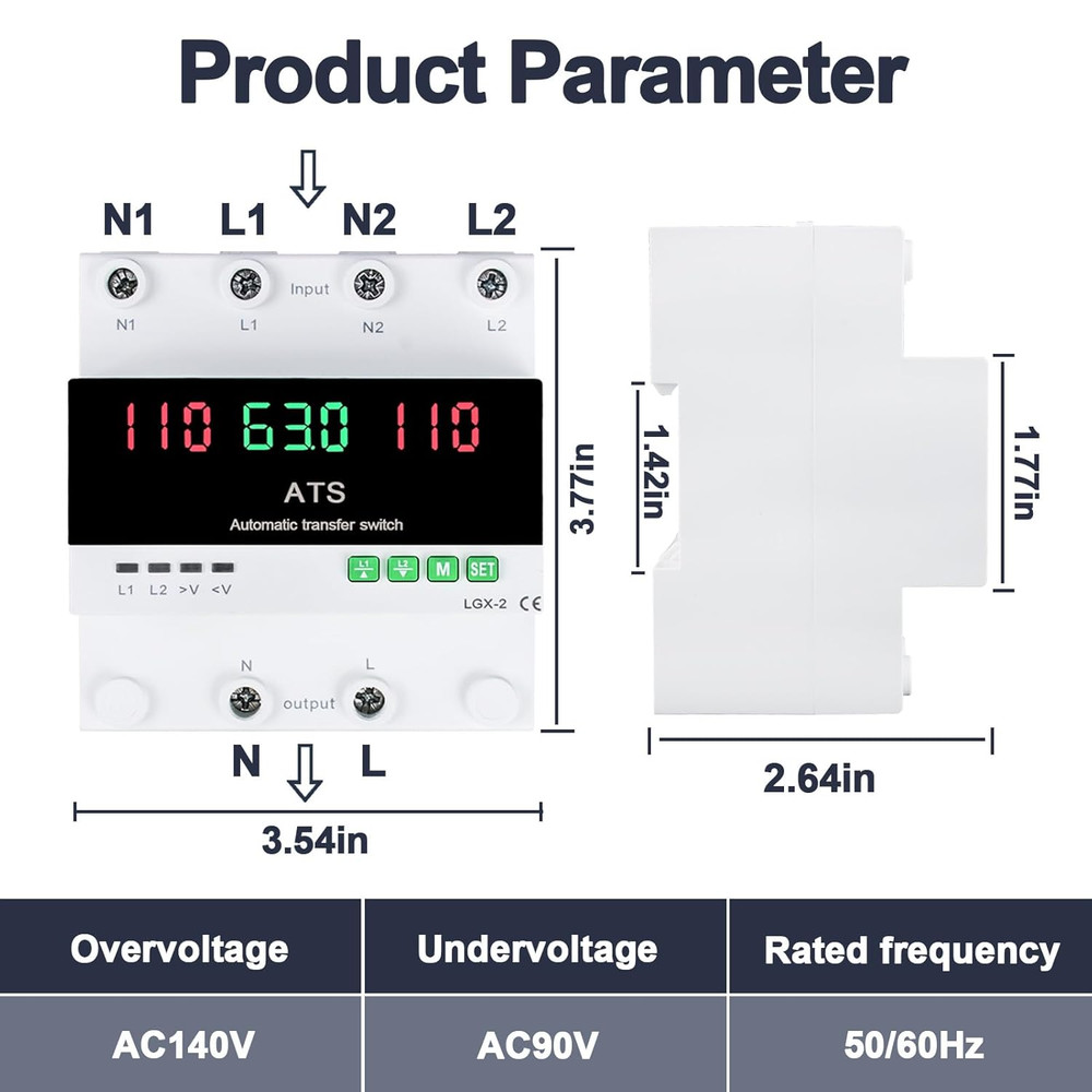 63A 110V Automatic/Manual Transfer Switch, Dual Power Selector with LED Display,