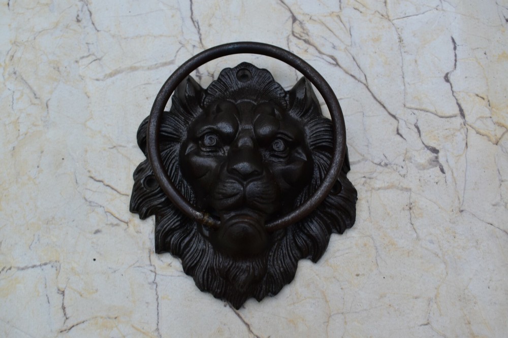 Vintage Cast Iron Lion Head Face Door Knocker Handle Knob Pull Drop Ring