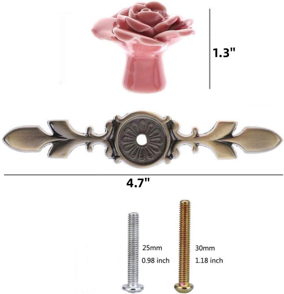 Ceramic Elegant Rose Cabinet Knobs with Green Bronze Backplates, Vintage Kitc...