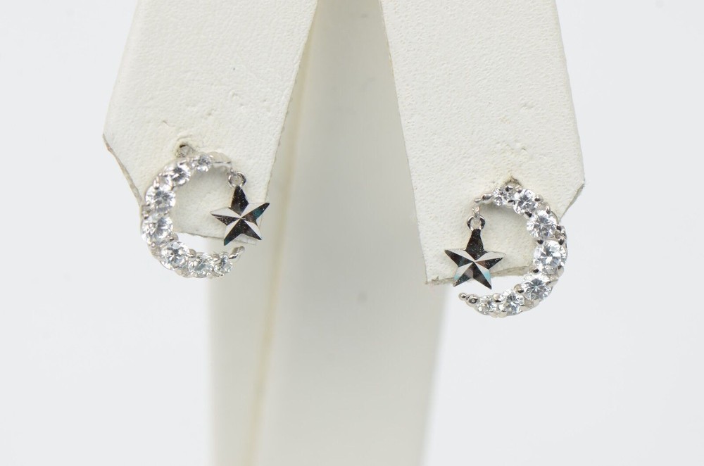 14k Yellow or White Gold Moon & Star Stud Earrings