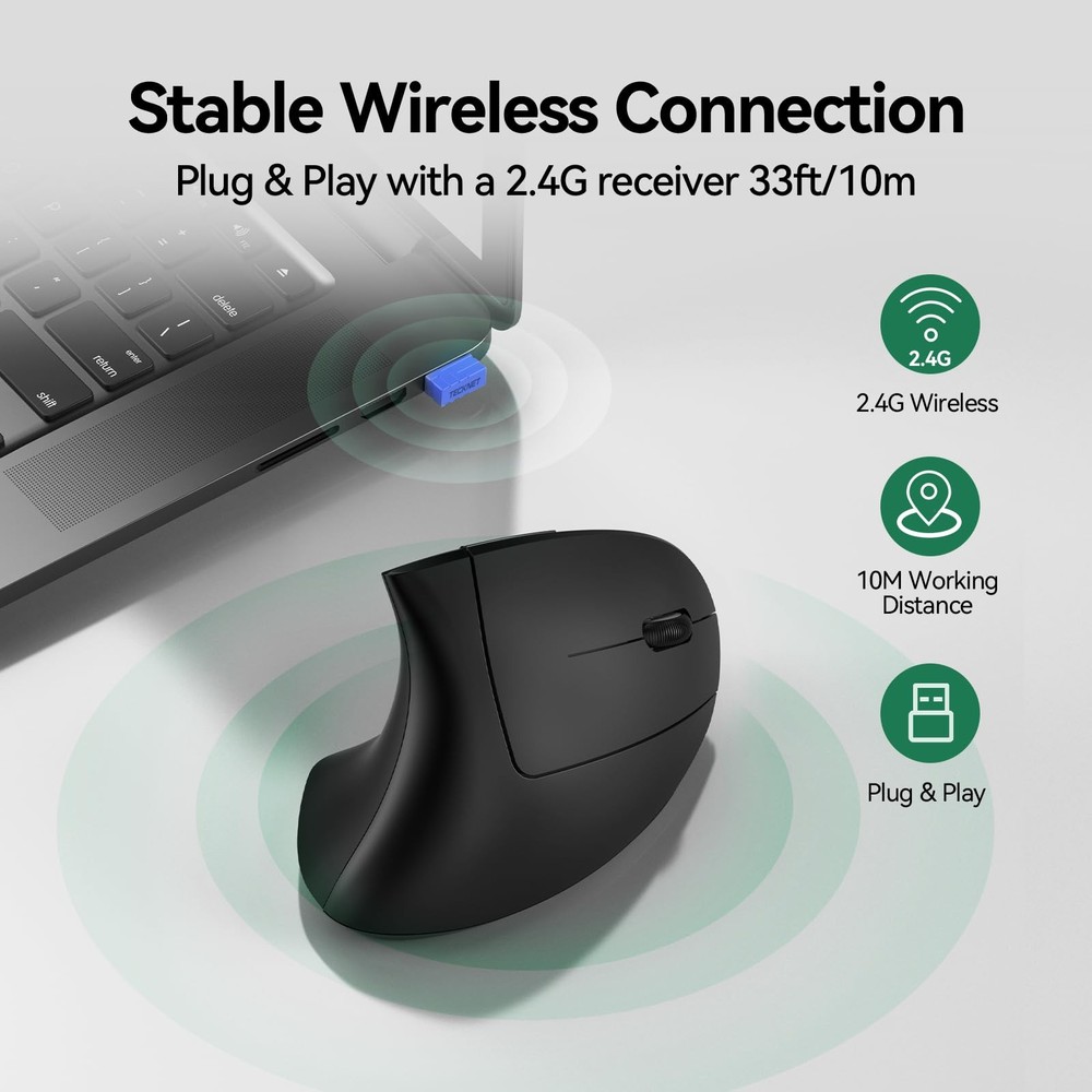 TECKNET Ergonomic Mouse, Rechargeable Vertical Ergo Mouse Wireless Black