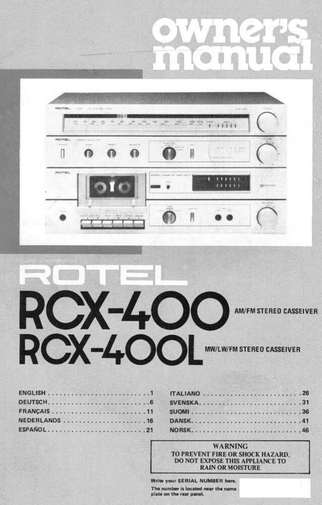 Rotel RCX-400 Stereo Owners Manual