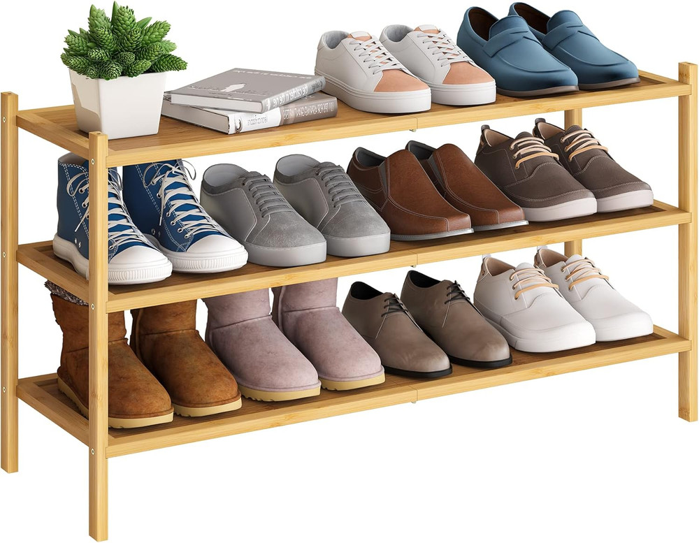 3-Tier Bamboo Extended Shoe Rack Premium Stackable Shoe Shelf Storage Organizer