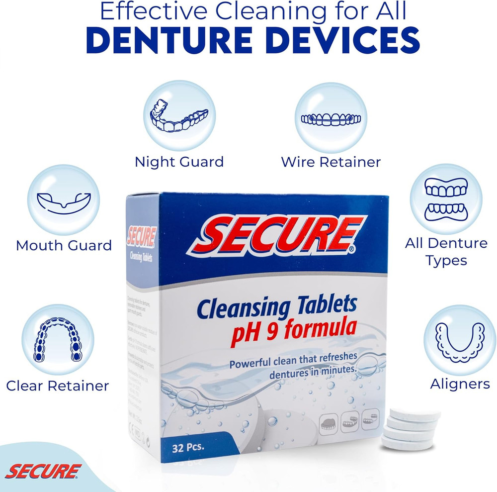 Secure Daily Cleansing Tablets - Ph 9 Formula Thoroughly Cleans Dentures - FSA