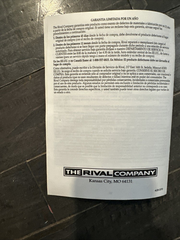 Rival Skillet 10” And 12” Manual Only