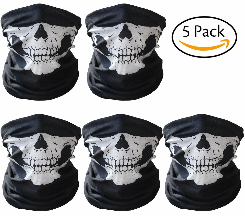 5 pack Black Microfiber Seamless Skull Face Mask Balaclava Tube 7+ functions