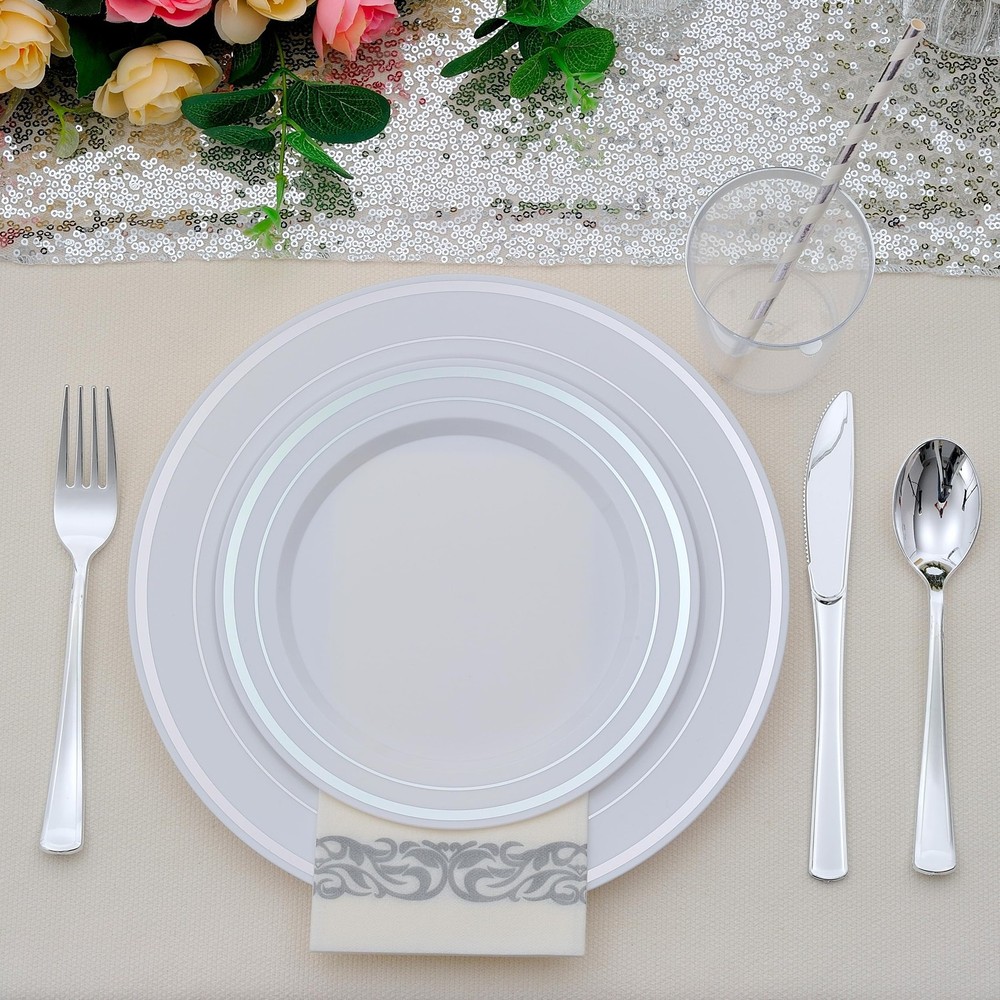 400 PCS Silver Plastic Silverware Set,Disposable Cutlery Set Heavy Duty Flatw...
