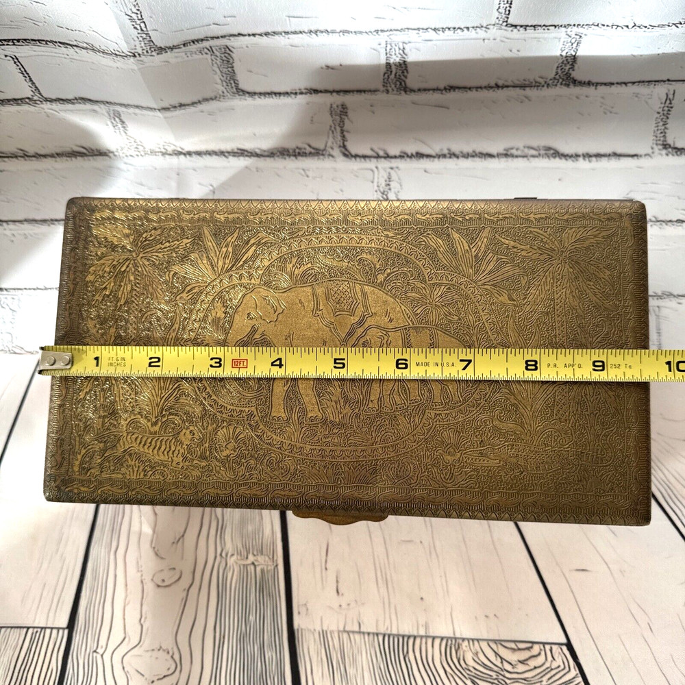 HAND TOOLED ENGRAVED SOLID BRASS STASH BOX CHEST ELEPHANT OX LION ELK HUNTER
