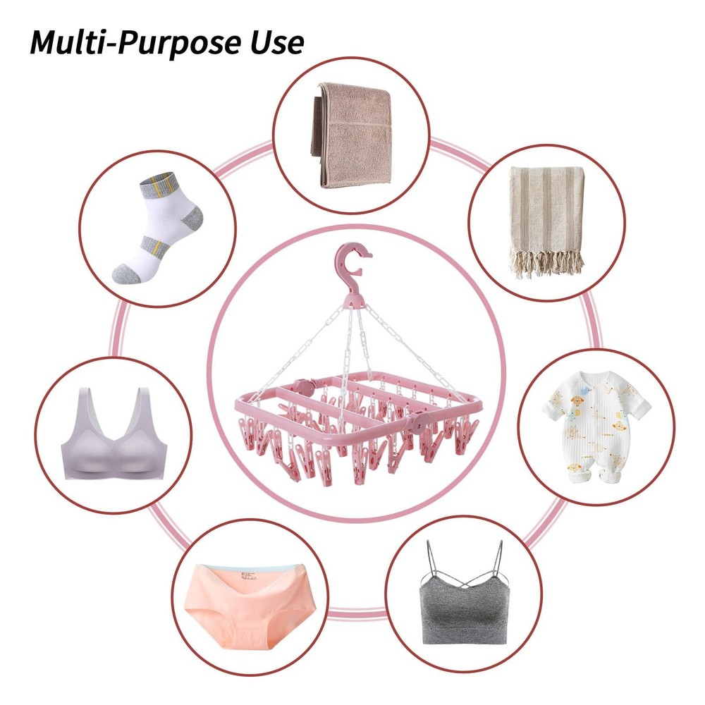 Clothes Drying Rack with 32 Clips, Foldable Hanging Rack, 360° Rotatable
