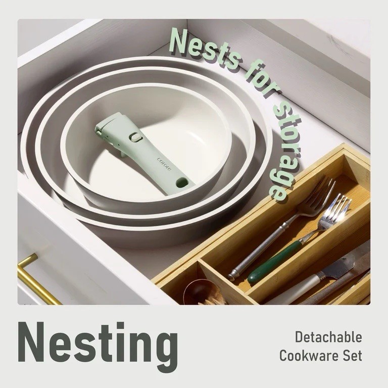 4Pc Nonstick Cookware Set Detachable Handle Pots Pans Stackable OvenSafe Kitchen