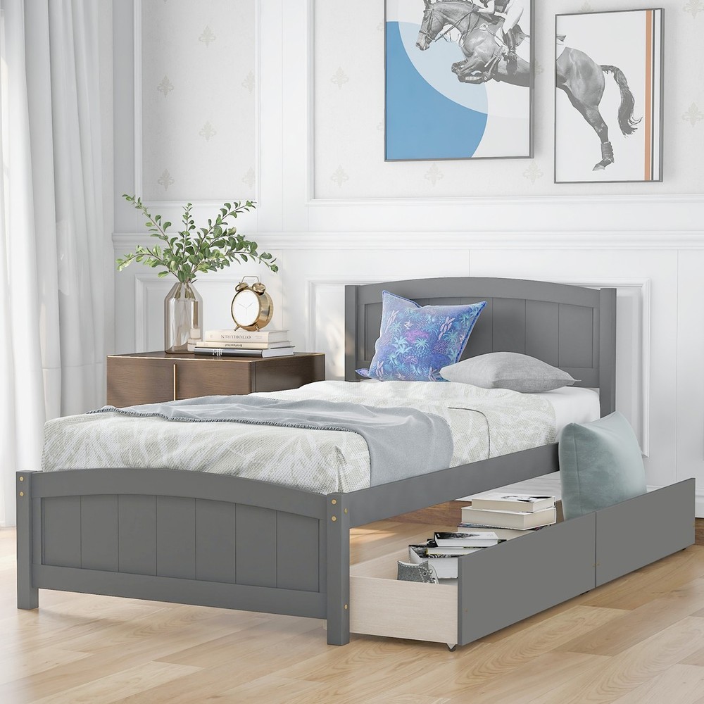 Twin size Platform Bed with Two Drawers Gray