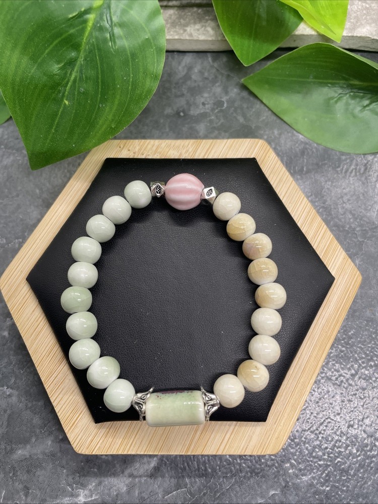 Handmade Ceramic Bead Beaded Stackable 6.5” Plus Stretch Bracelet New B289