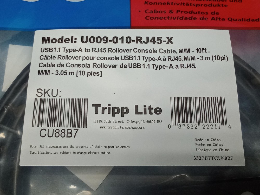 Tripp Lite USB-A to RJ45 Rollover Console Cable Cisco Compatible M/M 10ft CU88B7