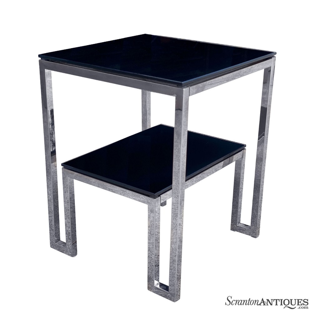 Post-Modern Sculpted Chrome & Black Glass Tiered Side Table