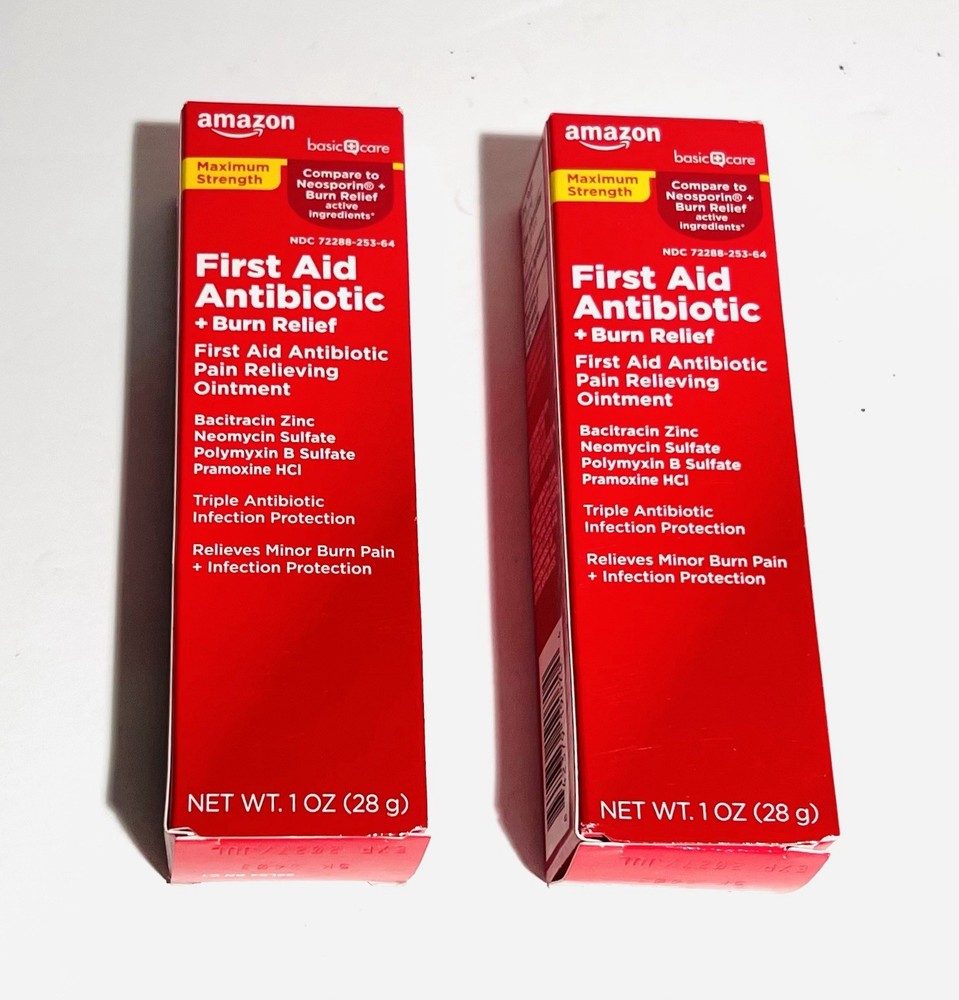 2 Pack Amazon Basic Care First Aid Antibiotic Ointment + Burn Relief 1 oz Each