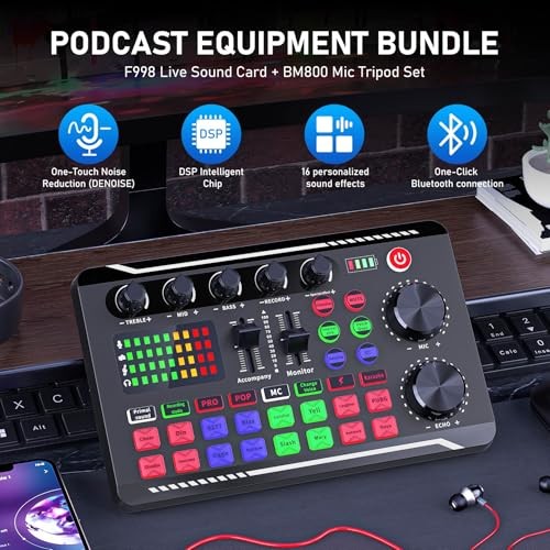 F998 Podcast Equipment Bundle, Audio Interface & BM800 Condenser Microphone