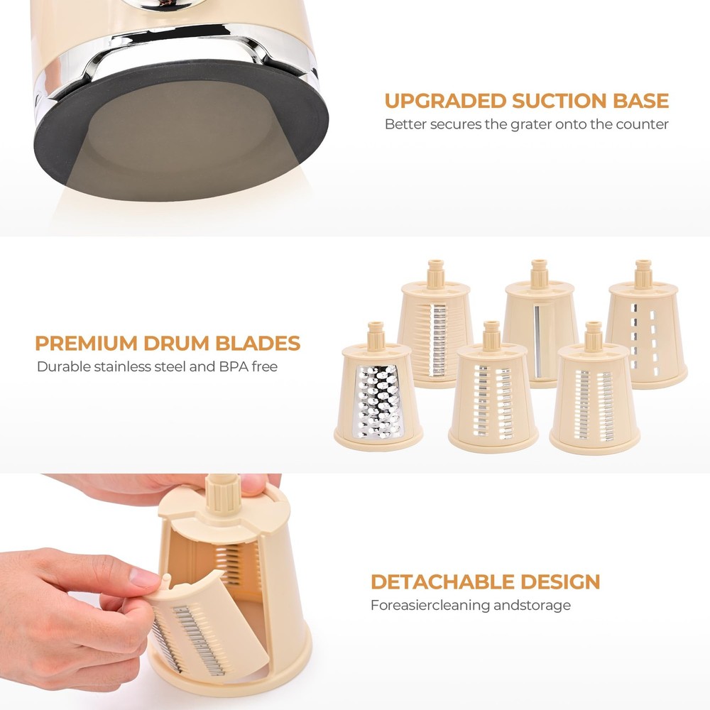 Rotary Cheese Grater with Handle, Vegetable Slicer, 6 Interchangeable Blades,...