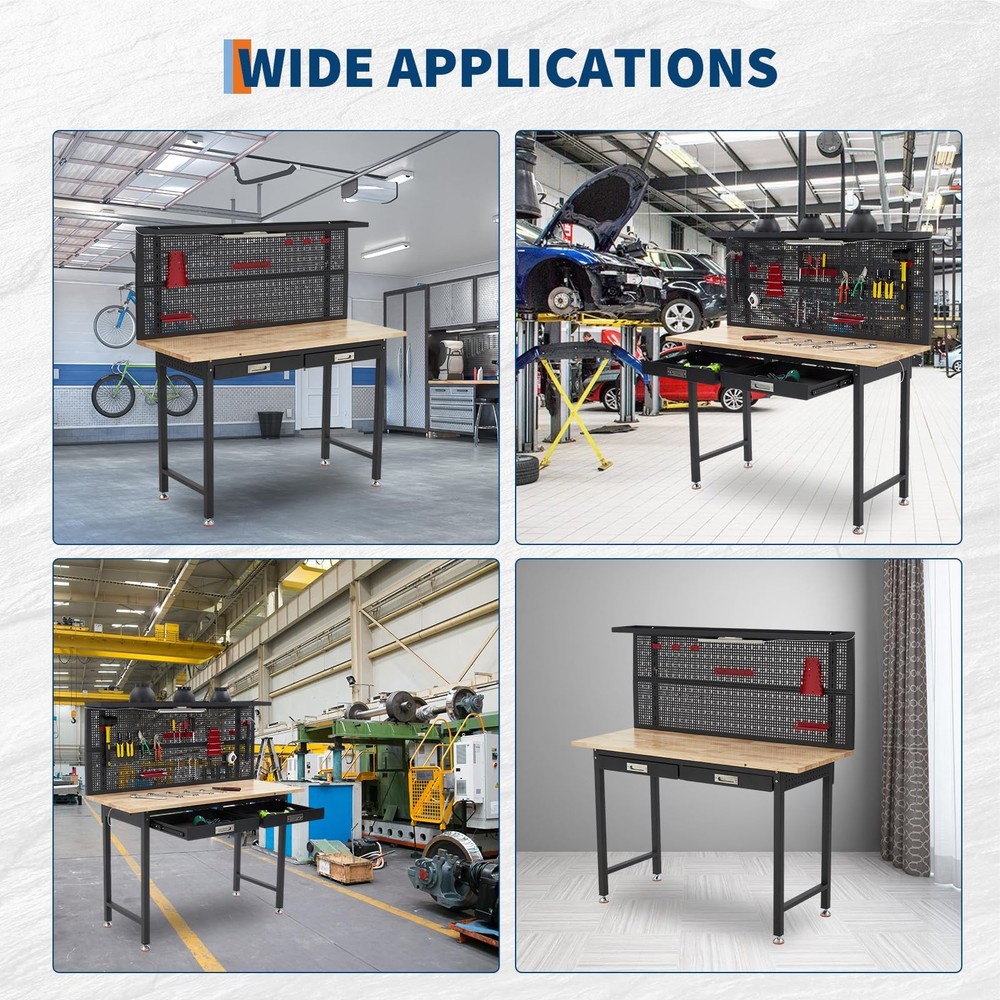 60" Adjustable Heavy Duty Workbench Work Table w/ Drawers & LED Light & Pegboard