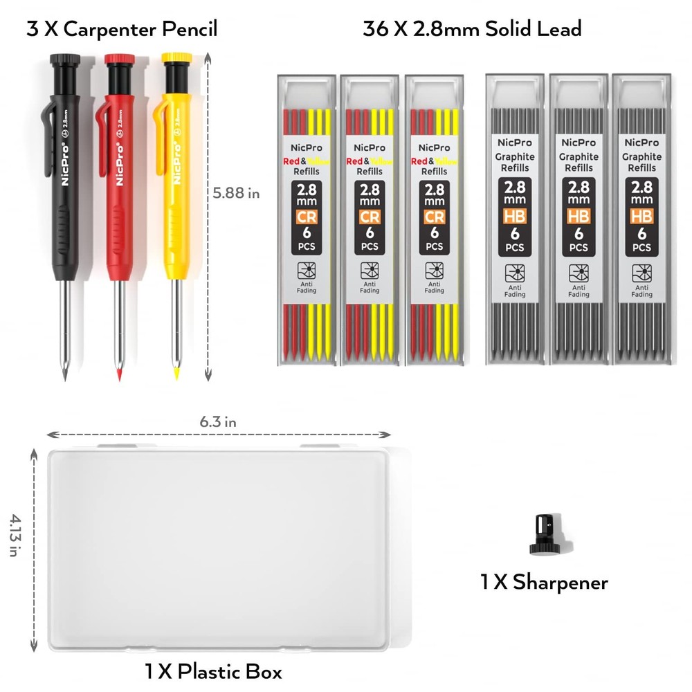 Nicpro 3 Pack Mechanical Carpenter Pencil with Sharpener & 39 Refills