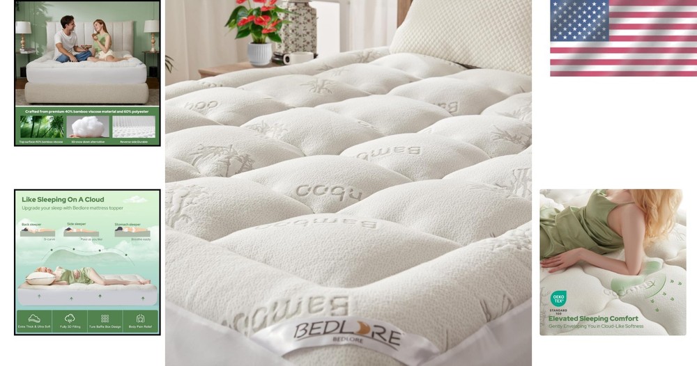 Soft Bamboo Mattress Pad - Stretchable Pockets - Queen Size
