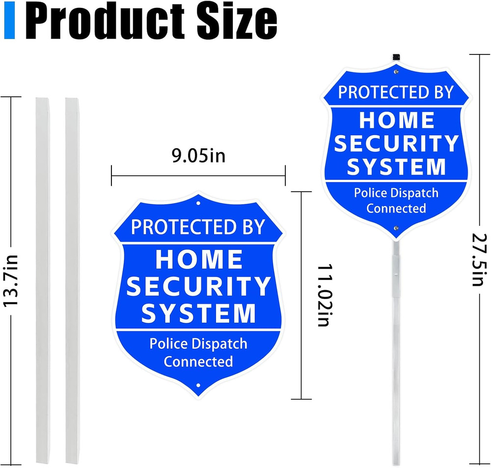 Home Security Yard Sign 9x28 Shield w Stake Protected By Security System Warning