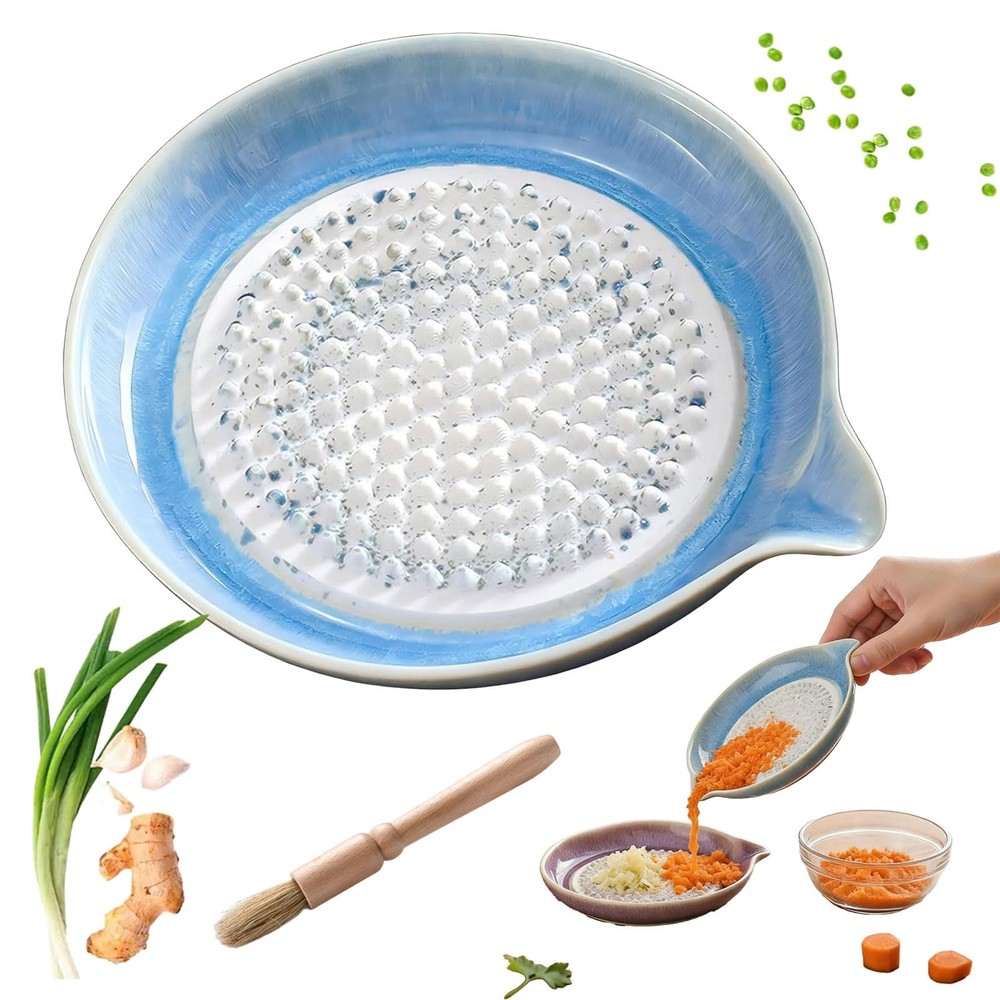 Gradient Ceramic Grater Plate - Handheld Kitchen Grinding Dish with Spout