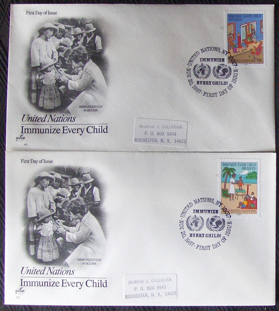 United Nations 2 different FDC IMMUNIZE EVERY CHILD, NY 1987.