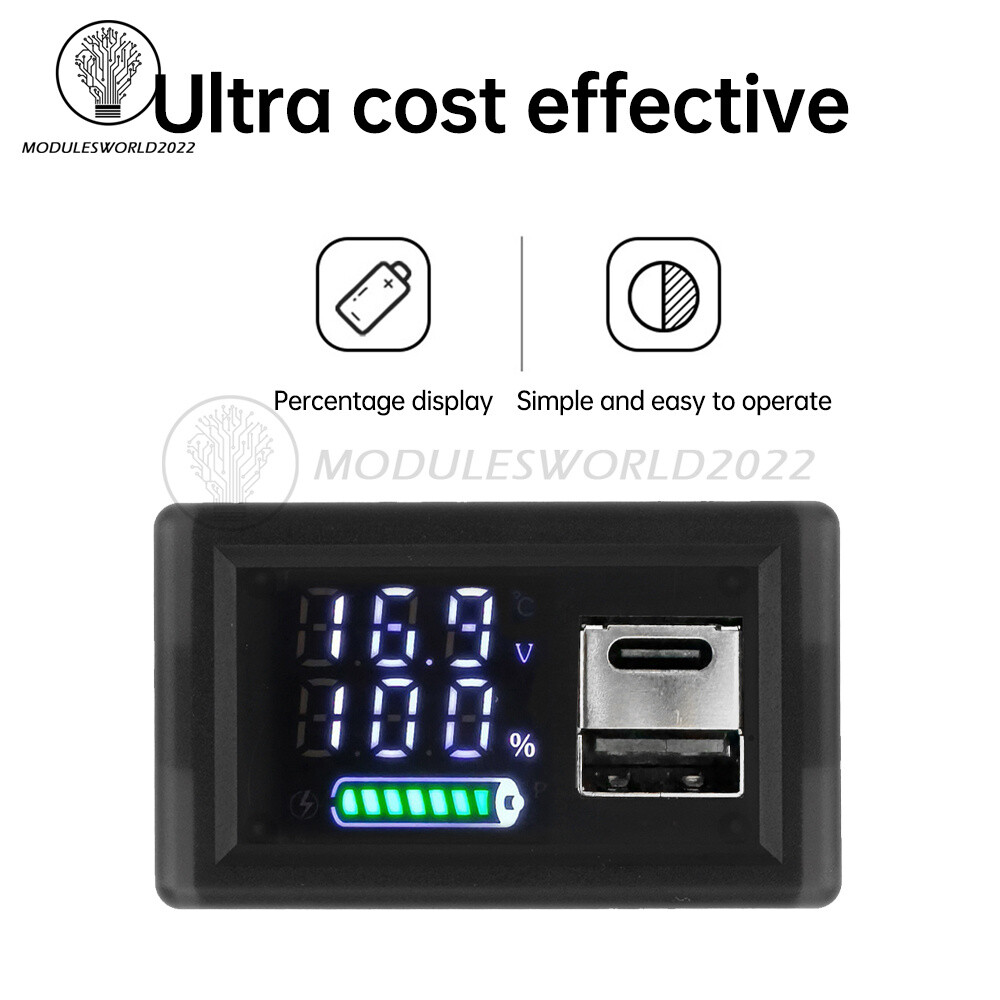 DC9-24V Battery Capacity Indicator USB Type-C LED Dual Digital Car Voltmeter