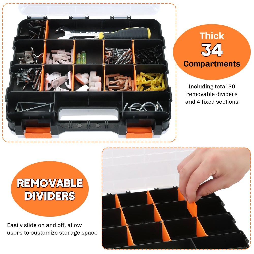 Small Parts Organizer 3 Pack | Storage Case Tools Box 34-Compartments Double ...