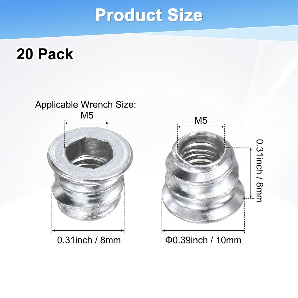 20-Pack Threaded Inserts for Wood, M5x8mm Threaded Insert Nuts [Silver Tone]