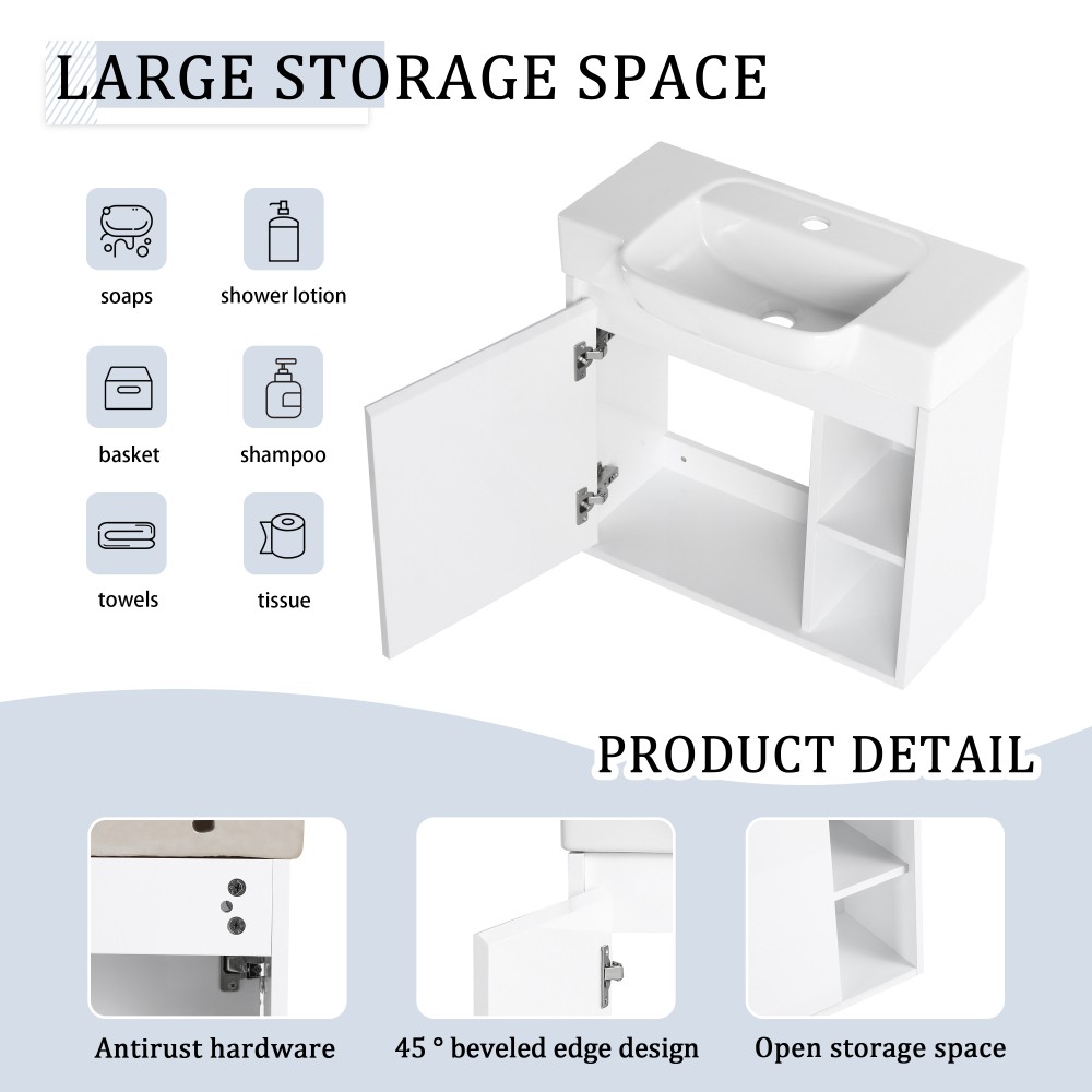 Modern Wall-Mount Bathroom Vanity with Soft-Close Door, Glossy White