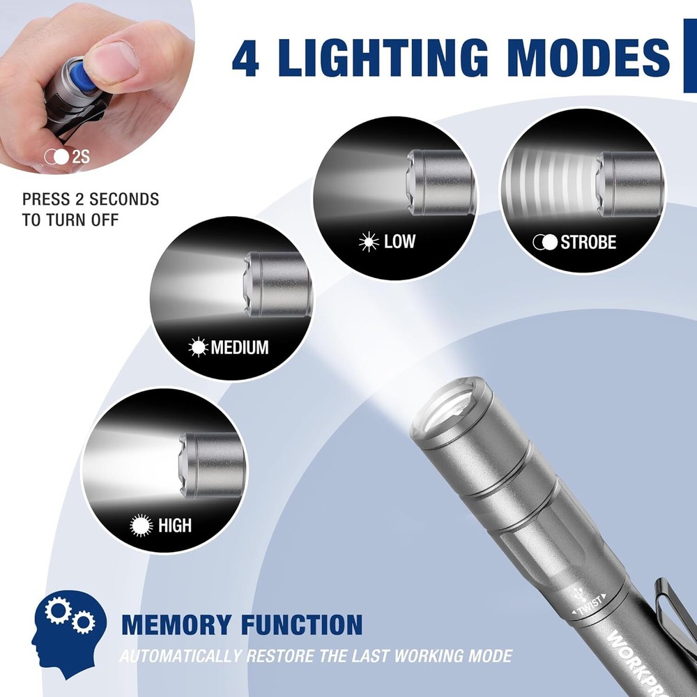 WORKPRO Rechargeable Pen Light Mini Flashlight 2 Pk Ultra-Compact EDC Flashlight