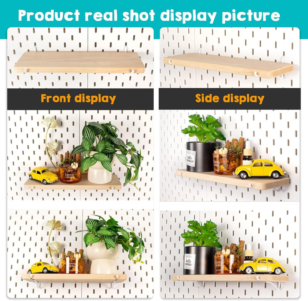 4 Pack Solid Wood Pegboard Shelves with Hooks for Home & Office Organization