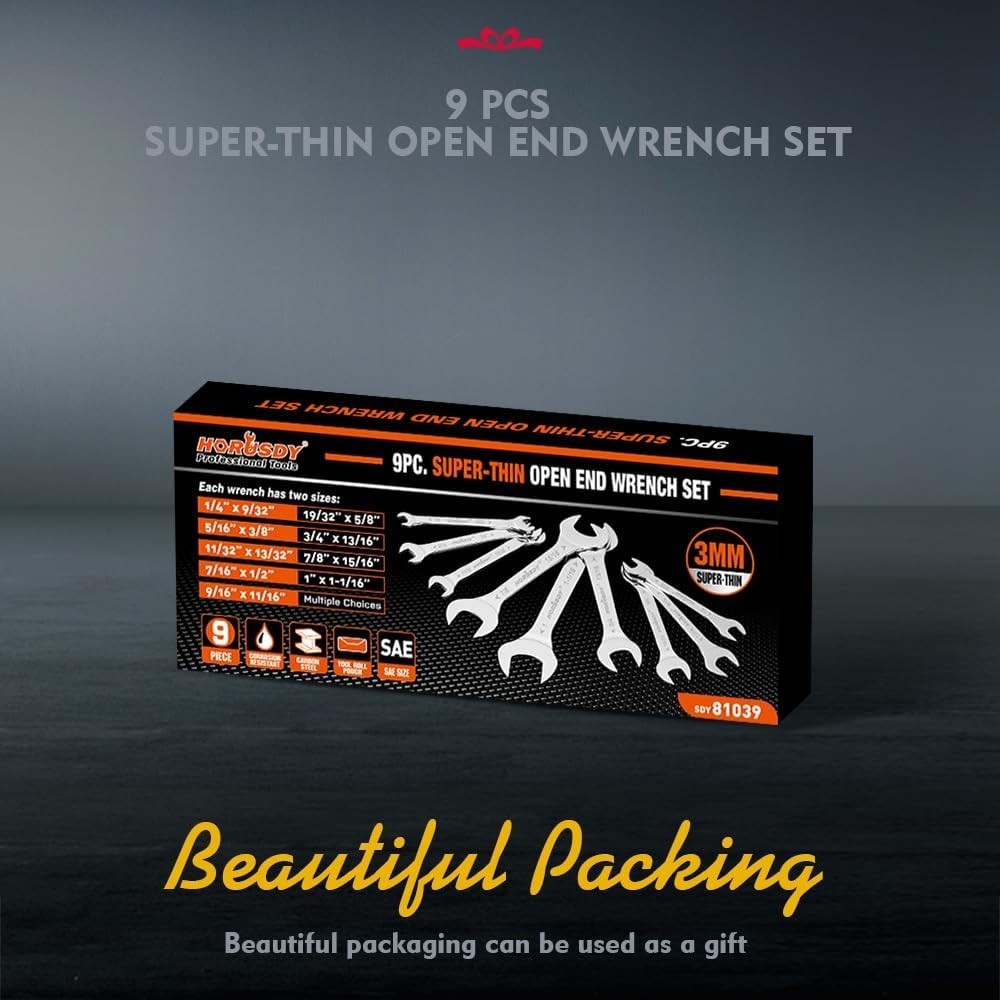 9-Piece Thin Wrenches Set | SAE | 1/4" - 1" Slim Spanner Set with Rolling Pouch